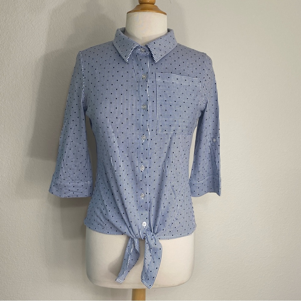 Eight 18 Blue White Stripe Polka Dot Button Front Tie 3/4 Sleeve Shirt Size XS